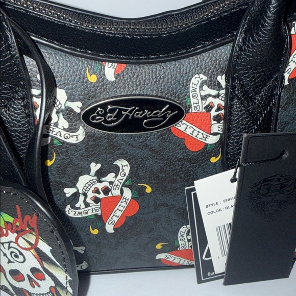 NWT Ed Hardy Love Kills Slowly Heart Skull Bones 13 Handbag Purse Black Red - Picture 2 of 9